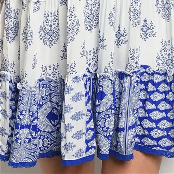 Boho Blue and White Paisley Sleeveless Patchwork Summer Tunic Dress - Picture 3 of 5